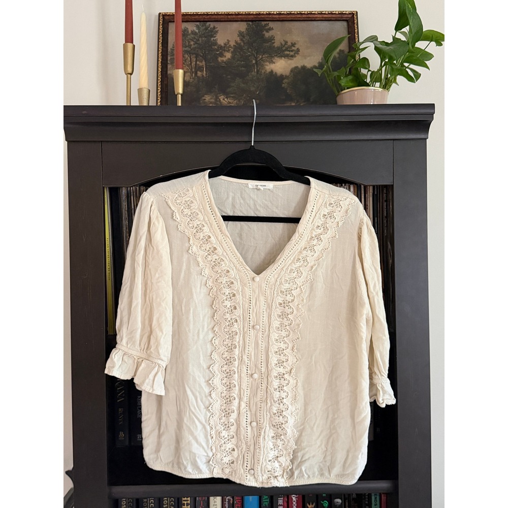 Coquette Prairie Boho Lace Trim Button Front Blouse Large Cream Peasant Top